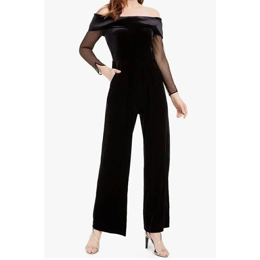 Calvin Klein Black Velour Sheer Zippered Long Sleeve Off Shoulder Jumpsuit Size